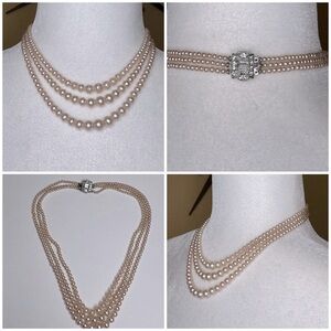 Vintage Art Deco Triple-Strand Simulated Diamond Pearl Necklace